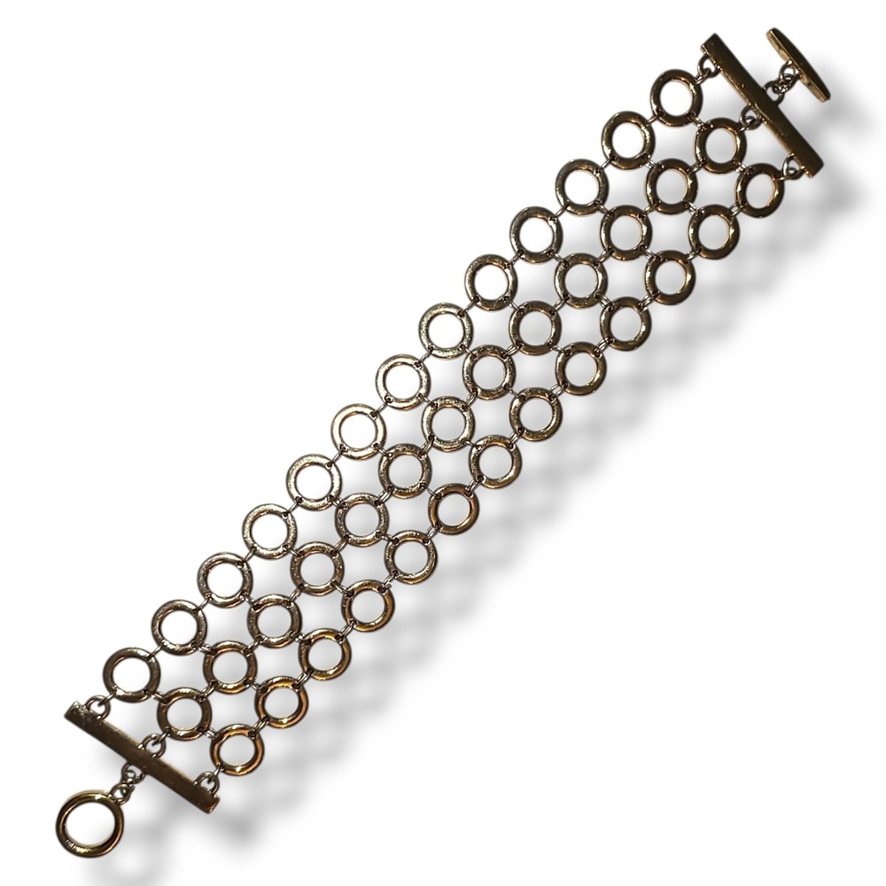 Gold Tone Multi Ring Link Bracelet 7.5" Wide Statement Toggle‎ Chain Bold